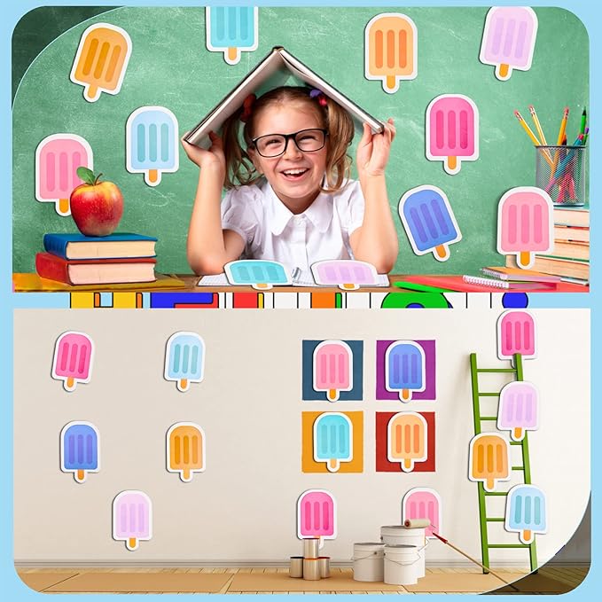 48 Pieces Ice Cream Cutouts Summer Bulletin Board Decorations Ice Pops Cut Outs Assorted Color Popsicle Shape Classroom Bulletin Board Decor for Kids School Office Supplies