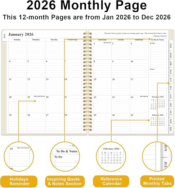 2026 Planner - Weekly and Monthly Planner from Jan 2026 - Dec 2026, Spiral Planning 2026 with 12-Month Tabs, Inner Pocket, 8.5" x 11", Beige