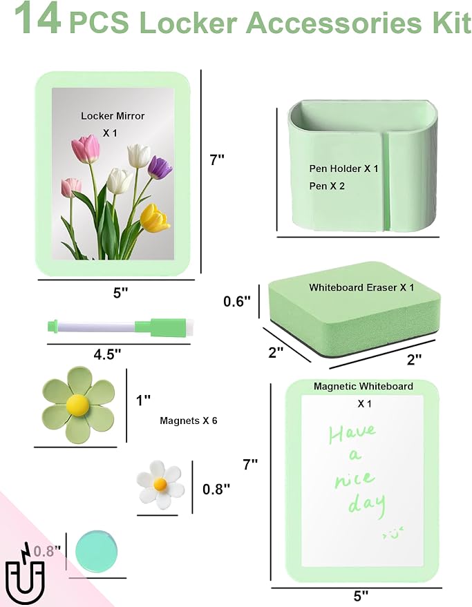 Green Locker Accessories Kit for Girls, 14PCS Back to School Supplies Includes Magnetic Whiteboard, Mirror, Pen Holder, Markers, Magnets, Locker Organizer & Decorations for School Locker Home Office