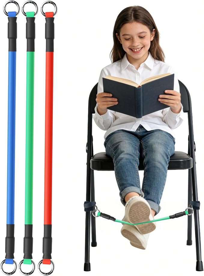ELETIUO 3-Pack Sensory Fidget Bands for Kids - Silent Stress Relief & Focus Tool for ADHD, Autism & Fidgety Feet,Anti-Slip Chair Bands Fit Legs 14" to 20" Wide for Classroom & Home (Red/Blue/Green)