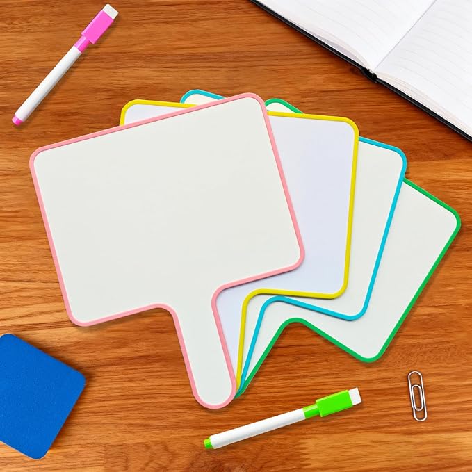 4 Sets Small Dry Erase Boards 8" x10'' Mini Dry Erase Paddles with Handle Double Sided Whiteboard Bulk with Markers and Erasers for Home Classroom and Office Writing Board