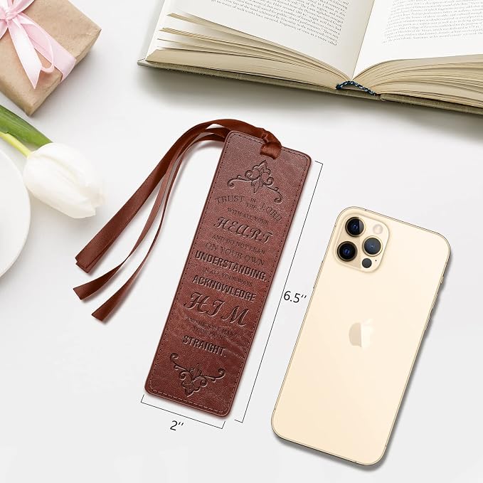 FINPAC Leather Bible Bookmarks, Vegan Religious Bookmarks, Bible Verse Book Markers Church Gifts for Women Men [Trust in The Lord with All Your Heart] - Vintage Brown