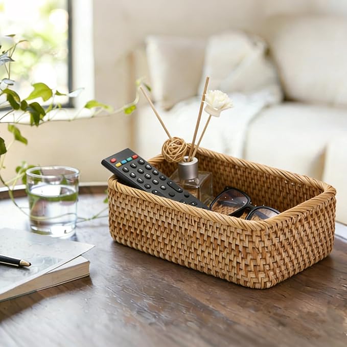 BTSKY Small Remote Basket for Coffee Table Entryway Living Room Rattan Serving Tray 9.6'' x 6.5'' Handwoven Wicker Baskets Decorative Tray for Wallet Remote Control Trinkets Rings Cosmetics Crackers