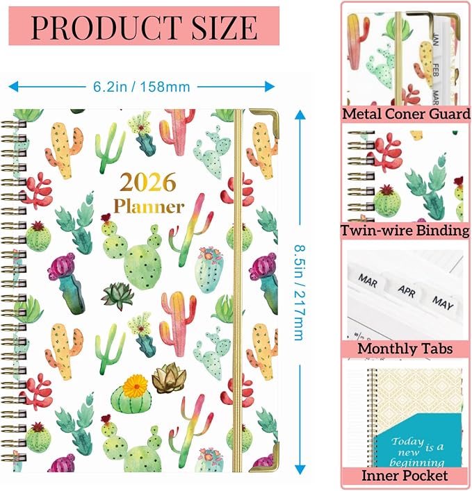 2026 Planner Weekly and Monthly,A5 Hardcover Calendar Jan 2026 to Dec 2026,Cute Cactus Aesthetic Agenda with Tabs,100GSM Thick Paper,Back Pocket & Elastic Closure for Women Teacher Student