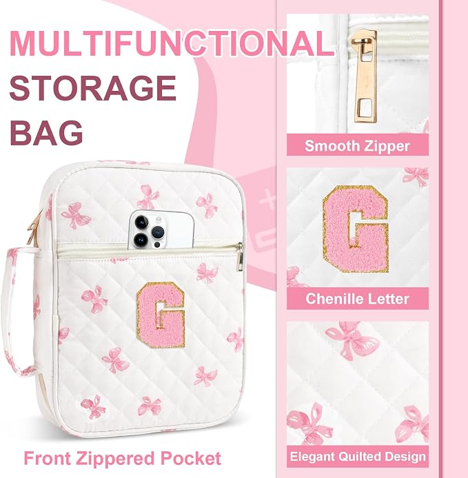 Personalized Initial Bible Cover Case for Women Girls Kid - Large Quilted Bible Case with Handle,Chenille Letter Bag Study Supplies,Christmas Gifts for Christians Birthday Graduation(Pink Bow-G)