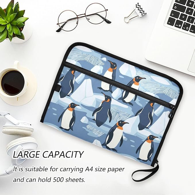 File Folders Penguins on The Ice Plastic Folders with 13 Pockets, Expandable File Folder for Documents School Students Office, Aesthetic Folder with Labels A4 Letter Size