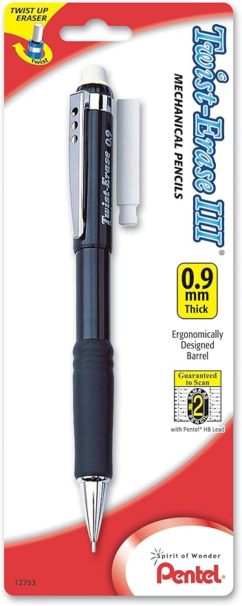 Pentel Twist-Erase III Automatic Pencil with 1 Eraser Refill, 0.9mm, Assorted Barrels, 1 Pack (QE519BP-K6)