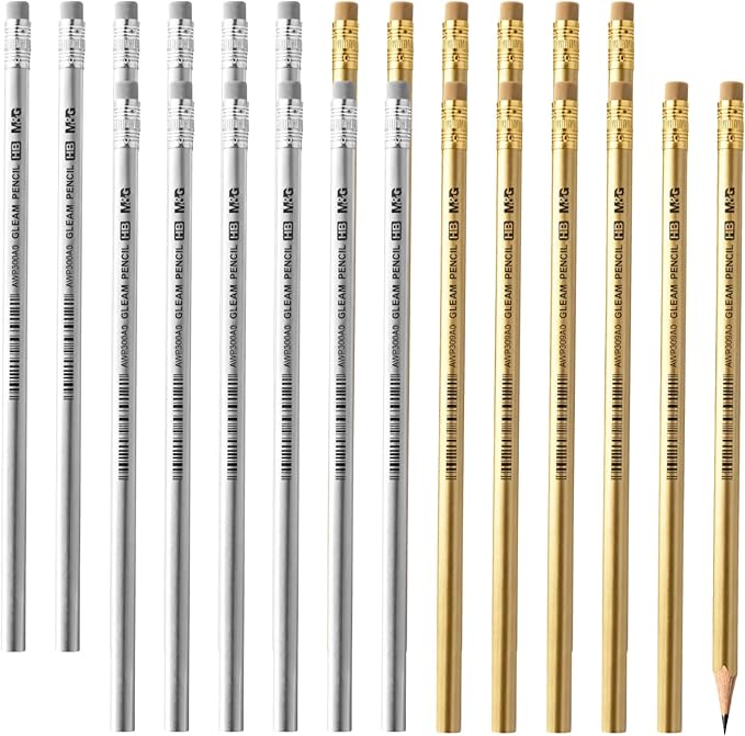 M&G Gleam Series 24 Pack HB Triangular Wood-Cased Pencils, Unsharpened with Matching Erasers, Smooth Writing Break-Resistant Core, Gold and Silver Solid Barrels for School Office Classroom Supplies