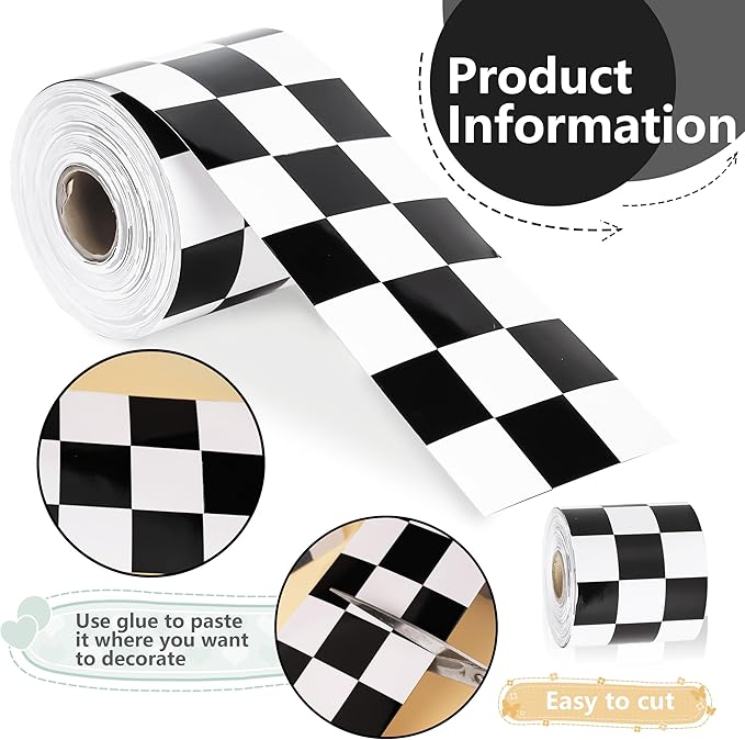 66 ft Black and white checkered flag bulletin board border Checkered die-cut border trim paper cutouts roll for Back to School Decoration Chalkboard Bulletin Board Window Wall Home Funny Decor
