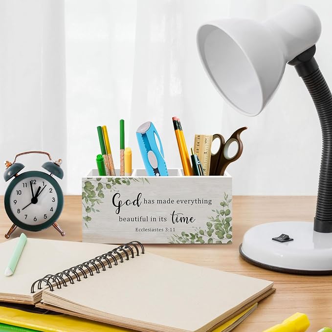 Bible Pen Pencil Holder for Desk, Sage Christian Office Desk Accessories Decor, Sage Green Christian Motivational Pen Holders Organizer for Farmhouse Home Classroom Bathroom