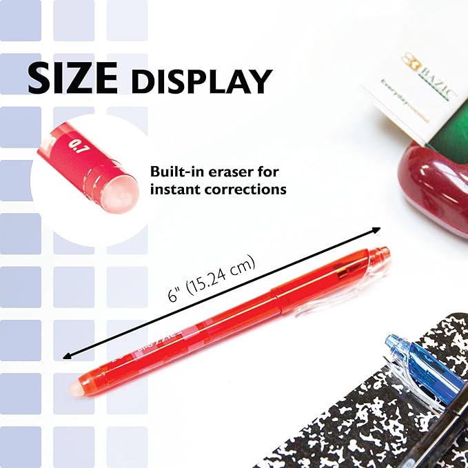 BAZIC PRODUCTS Frizz Erasable Gel Pens, 0.7mm Medium Point, Red Ink, Comfort Grip for Smooth Writing Drawing Planner, 24-Pack