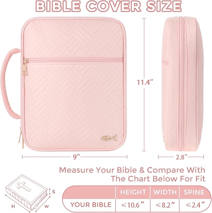 XKDOUS Bible Cover Case for Women, Large Bible Cover with Durable Handle, Washable Quilted Bible Case, Bible Study Supplies & Christian Gifts for Mom, Women, Men (Pink)