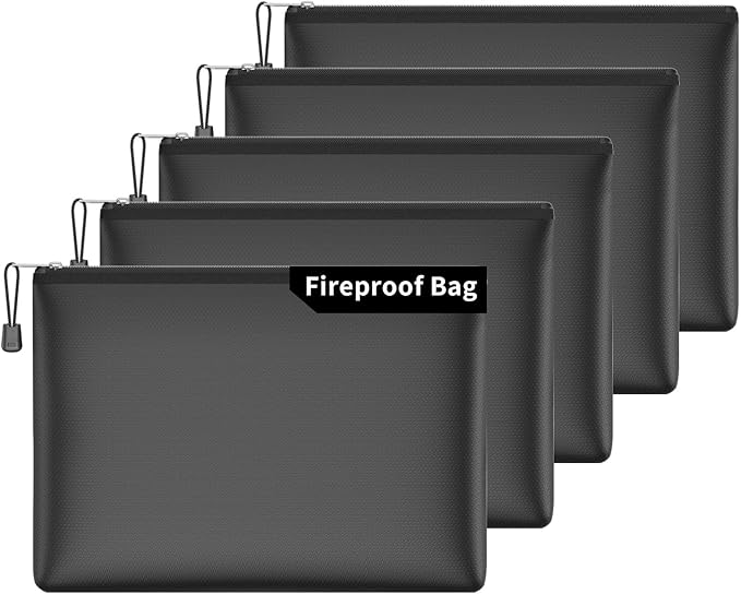 5pcs Fireproof Zipper Bags, A4 Zipper Pouches for Organizing Storage, Water-Resistant Document Bags(13.5"x10"), Letter Size, File Bags for Home, Office, School, Travel, Cash, Passport, Black
