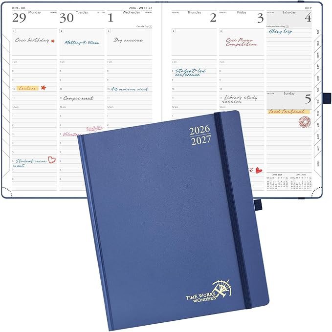 POPRUN 2026-2027 Academic Planner, Large Size 8.5" x 10.5", Weekly and Monthly Calendar, July 2026 to June 2027, Hardcover Appointment Book with Verital Layout, Hourly Time Slots, Monthly Tabs - Navy Blue