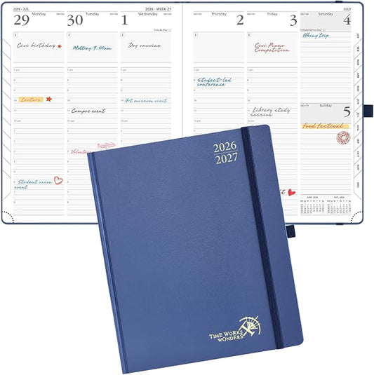 POPRUN 2026-2027 Academic Planner, Large Size 8.5" x 10.5", Weekly and Monthly Calendar, July 2026 to June 2027, Hardcover Appointment Book with Verital Layout, Hourly Time Slots, Monthly Tabs - Navy Blue