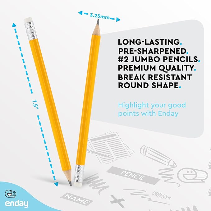 Emraw Enday Jumbo Pencils For Preschoolers (8 Pack) No 2 for Kids, Kindergarten School Supplies, Fat Pre-Sharpened Round Pencil with Eraser Top, Thick Pencils for kids ages 4-8