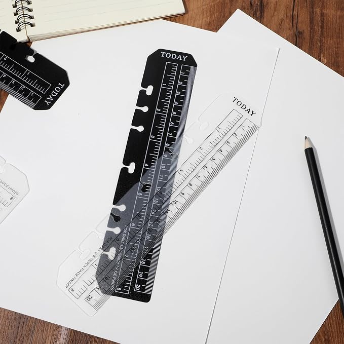 Bookmark Rulers, 4 Pcs Black and Clear Plastic Binder Ruler Notebook Rulers A5 6-Ring Page Marker Divider Pagefinder Measuring Today Ruler with Holes Book Marker