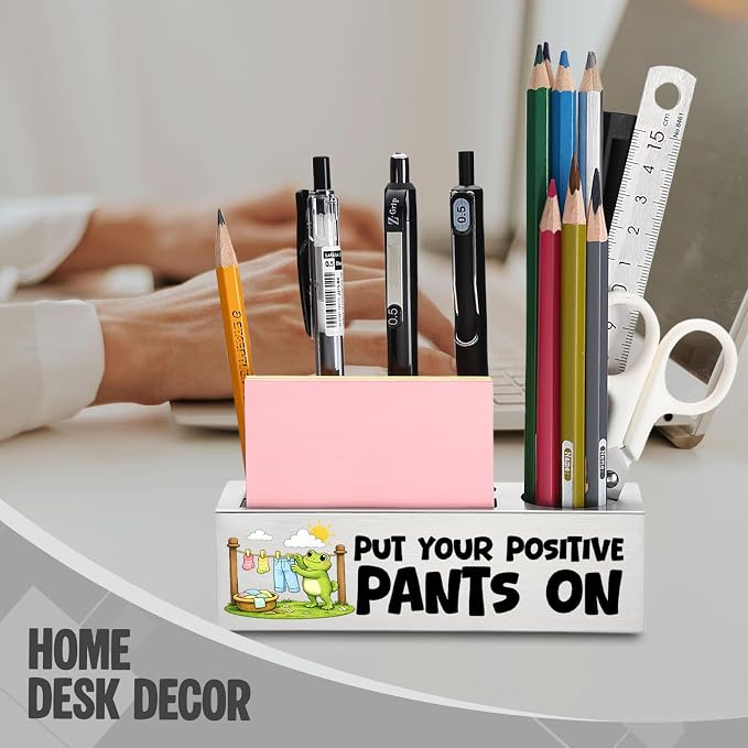 FOKCBOCM Positive Message Stainless Steel Pen Holder, Put Your Positive Pants On Desk Organizer Gift for Coworker, Teacher, Office Encouragement Decor, Motivational Workspace Accent-DS112