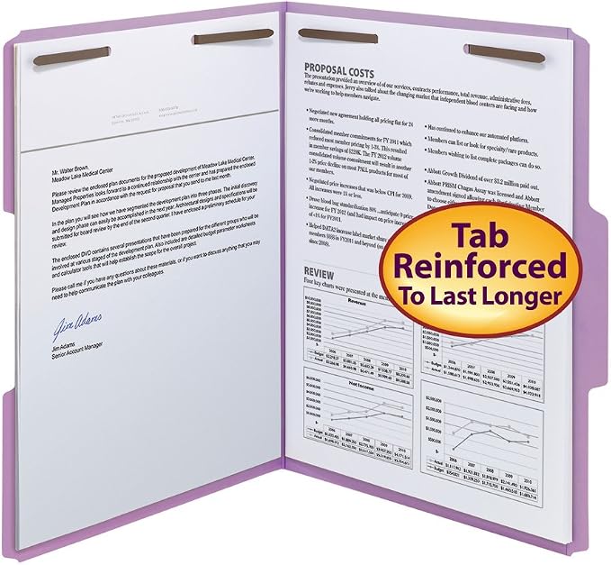 Smead Fastener File Folder, 2 Fasteners, Reinforced 1/3-Cut Tab, Letter Size, Lavender, 50 per Box (12440) (Pack of 5)