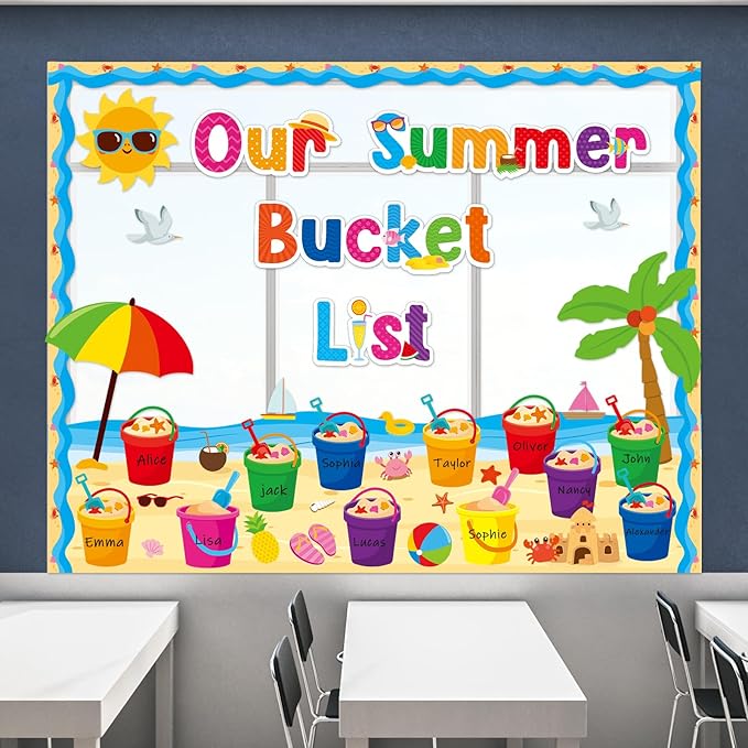 48Pcs Summer Bulletin Board Classroom Decorations Our Summer Bucket List Cutouts Hawaii Sun Beach Name Tags Tropical Hawaii Bucket List Paper Cutouts for Office School Home Chalkboard Classroom Decor