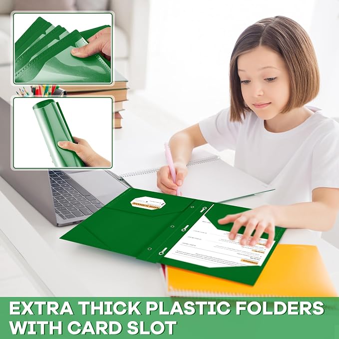 Henoyso 18 Pcs Plastic Folder with Clear Front Pocket and 3 Prong Plastic Folders with Card Slot Pocket Folders with Prongs for School Office (Dark Green)