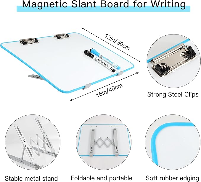 Slant Board for Writing16 x 12 Inch Adjustable Magnetic Whiteboard 20°-60° Slanted Clipboard Portable Workstation Sloped Surface for Writing Reading Drawing (Package Without Pencils)