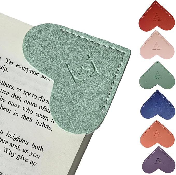 Personalized Leather Heart Bookmarks with Initials, 26 Letters Custom Corner Book Mark for Reading Women,Teacher, Student, Book Lovers Book Marker, Meaningful Gifts (Dark Blue+Light Green,E)