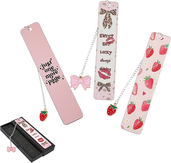 Pink Bow Metal Bookmark Gift Silver Chain Pendant with Bow for Women's Christmas Gift Book Lover Book Accessories School Supplies Office Stationery (Strawberry Bow 2PCS)