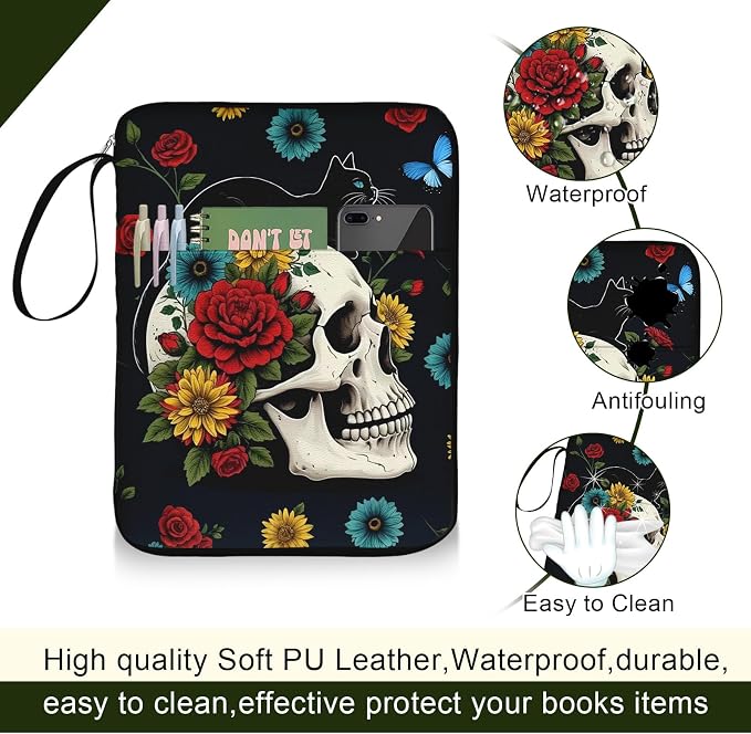 Book Sleeve for Book Lovers, Gothic Skeleton Black Cat Print Paperback Book Protector Case,PU Leather Waterproof Book Pouch with Zipper,Book Carrying Case for Hardcover,Birthday Gift for Women