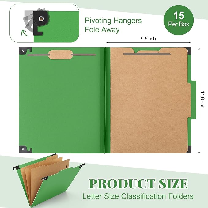 Henoyso 15 Pcs Hanging Classification File Folders, Letter Size Green Folders with 3 Pressboard Dividers, 8 Fasteners, 4 Inch Expansion, 1/3-cut Top Tab for Medical Records and File Cabinet Organizer