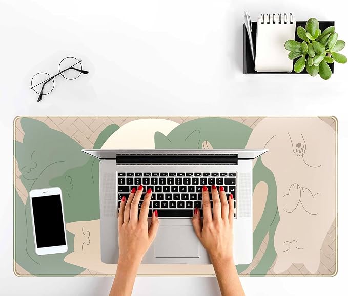 Cute Sleeping Cats Desk Mat Matcha Green Desk Pad, Minimalist Boho Mouse Pad XXL, Cream Tan Gaming Deskmat, Large Kawaii Keyboard Mat, Fun Office Decor Desk Accessories for Women 31.5"x15.75"