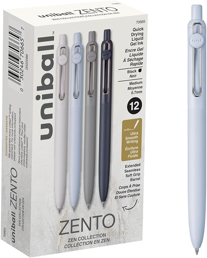 Uniball Zento Gel Ink Rollerball Pens, 12 Black Medium Point Smooth Writing Pens, Colored Japanese Pens, Zen Colors