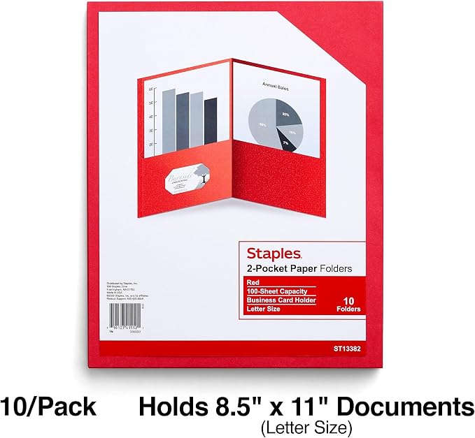 Staples 10% Recycled Smooth 2‑Pocket Paper Presentation Folders with Fasteners, Letter Size Project Folders for Office & School, Red, 10‑Pack