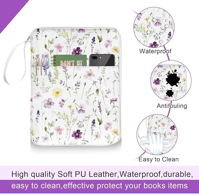 White Floral Bible Book Sleeve with Zipper,12"x 9" Padded Protector Washable Book Covers,Books Pouch with Handle Pockets,Travel Book Carrying Case for Books Lover Hardcover,Mother's Day Christmas Gift