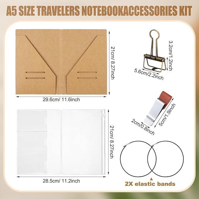 Travelers Journal Notebook Accessories Kit Include Travel Kraft File Folder, Zipper Case, Pen Holder, Binder Clip and Elastic Bands Travel Accessories Supplies(1 Pack,A5 Size)