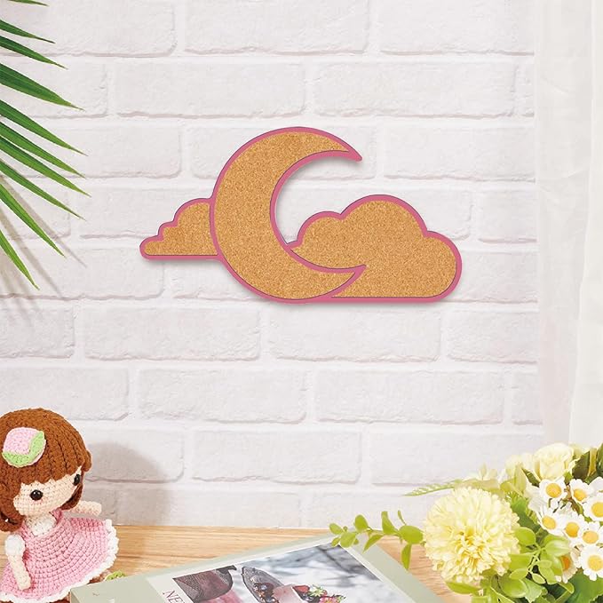 CRASPIRE Cloud Moon Pin Cork Board 11.8x6.49In Framed Bulletin Display Badge Wooden Saddle Brown Wall Mounted Memory Memo Brooch Lapel Pin Holder Storage for Home Office School Classroom Wedding Decor