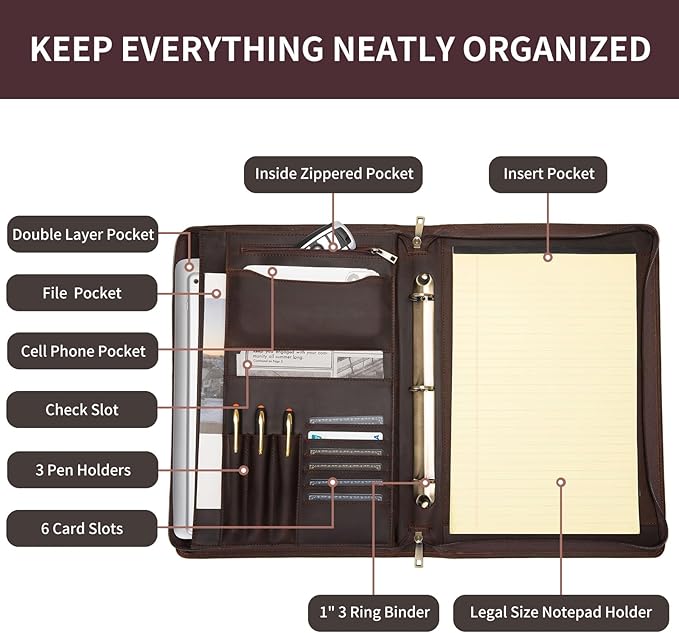 Genuine Leather 3 Ring Binder Portfolio, 8.5 x 14 Legal Size Pad Holder, Hidden Handle, Zippered Padfolio with 15” Laptop Organizer, Professional Business Folio for Men Women, Dark Brown