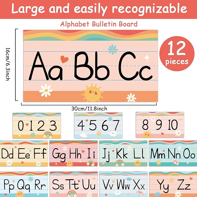 12 Pieces Alphabet Bulletin Board Strips Set Retro Alphabet Line ABC Alphabet Banner & Number Border Posters for Kindergarten Preschool Classroom Playroom Bedroom (Retro)
