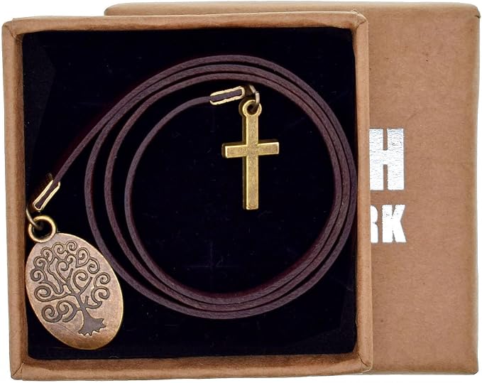 BLBMH Genuine Leather Bible Bookmark | Tree of Life Cross with Ribbon | Christian Gifts for Women Men Book Lovers Mom - Coffee LB2