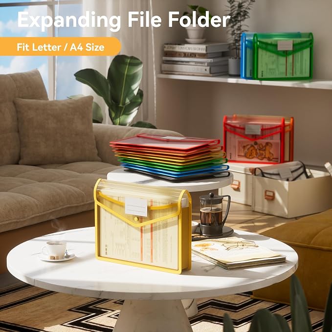ABC life 12 Pack Plastic Expanding File Folder, Folders for Documents with Snap Closure, Colorful File Folder Organizer Holder, Transparent Accordion File Pouch,Large Capacity, Fit Letter/A4 Size