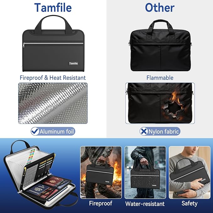 Tamfile Accordion File Organizer, Enhanced Fireproof Important Document Organizer with 13 Transparent Pockets, Portable Home Travel Safe Storage Expanding File Folder for A4 File,Letter,Paper,Black