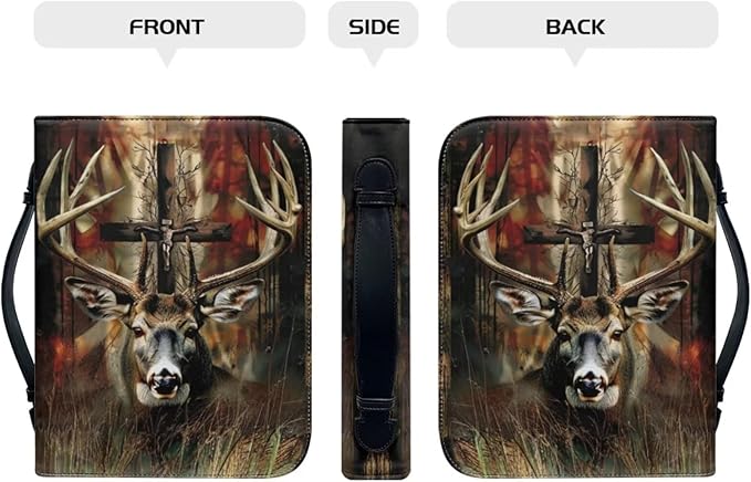 Leather Bible Cover for Men, Brown Bible Carrying Book Case Church Bag with Bookmark Bible Protective with Handle,Christian Gifts,Gothic Deer Cross,Small