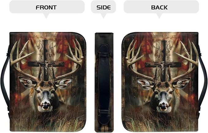 Leather Bible Cover for Men, Brown Bible Carrying Book Case Church Bag with Bookmark Bible Protective with Handle,Christian Gifts,Gothic Deer Cross,Medium