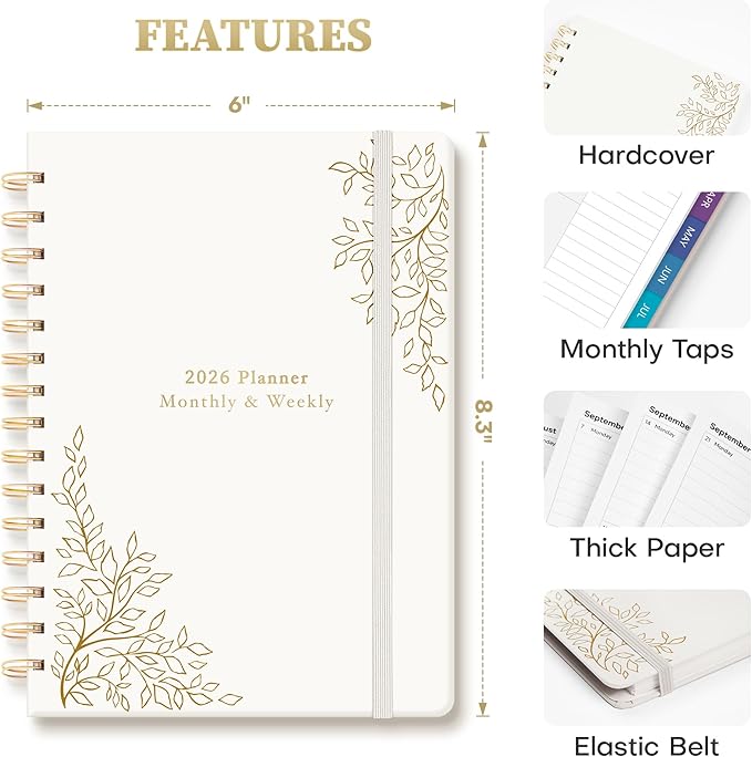 2026 Planner Weekly and Monthly, Jan.2026 - Dec.2026, Hardcover Calendar 2026 Agenda Daily Planner Book Spiral Notebook with Monthly Tabs, 6.1" x 8.3", Calm Vine
