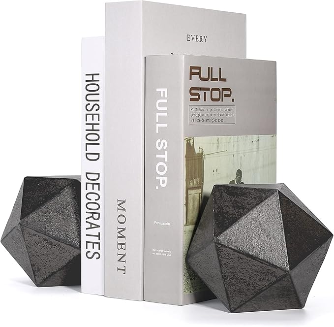 Ambipolar Geometric Decorative Ball Shaped Bookends, Modern Cast Iron Black Bookends for Office Desk, Book Shelf, Room Decor, Home Office, Book Stand or Organizer, Set of 2. Antique Black