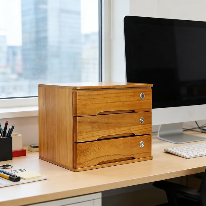 Wooden Desktop Storage Box with Lockable Drawers, Flat File Cabinet Drawer Desktop Storage Box, Countertop Storage Cabinet for Office Home Toiletries Supplies Vanity (Wood yellow, 3 Drawer)