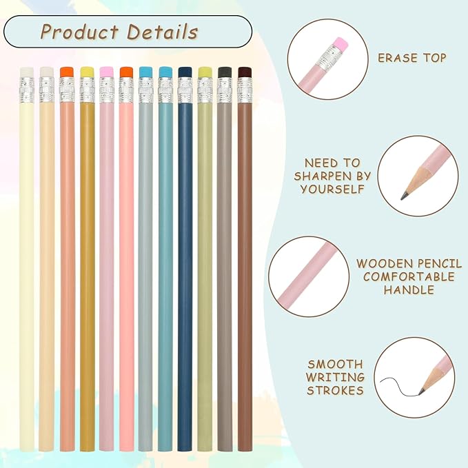 Whaline 48Pcs Boho Colorful Pencil with Erasers Christmas Wooden Pencils Unsharpened Writing Drawing Pencil for Xmas Party Supplies Stocking Stuffer Students Graduation Office Stationery Gift