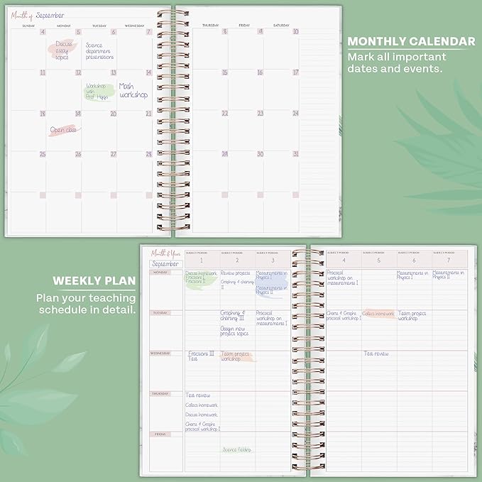 PLANBERRY Teacher Planner – Undated School Year Plan Book for Teachers with Calendars & Lesson Plans – Planner for Classroom Organization & Homeschool – 8”x10.5” Hardcover (Natural Green)