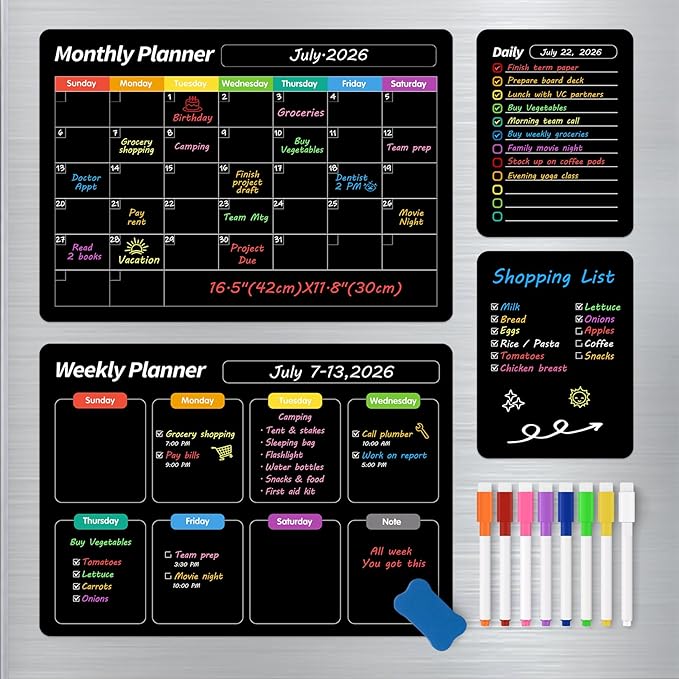 FINDMAG 4 Pack Magnetic Dry Erase Board Set, 16.5"x11.8" Magnetic Calendar for Refrigerator, Fridge Calendar Magnet, Black Weekly Planner Whiteboard for Fridge, Easy to Use with 8 Markers & Eraser