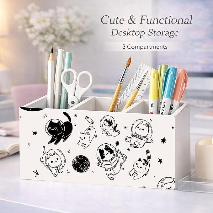Space Cat Desk Organizer Wooden Pen Pencil Holder for Desk, 3 Compartments Office Accessories, Cute Astronaut Cat Decor, Funny Cat Lover Gifts for Women Kids Home Office Storage